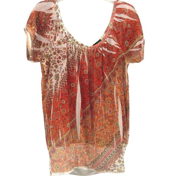 Fang Tops - Fang Women Y2K Short Sleeve Sheer Peasant Top Boho Colorful Orange Red Large